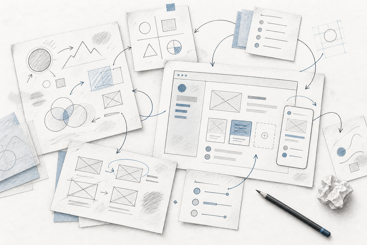 Pencil sketches, structured notes and an unfinished interface connected by looping arrows, showing ideas being revised as they become tangible