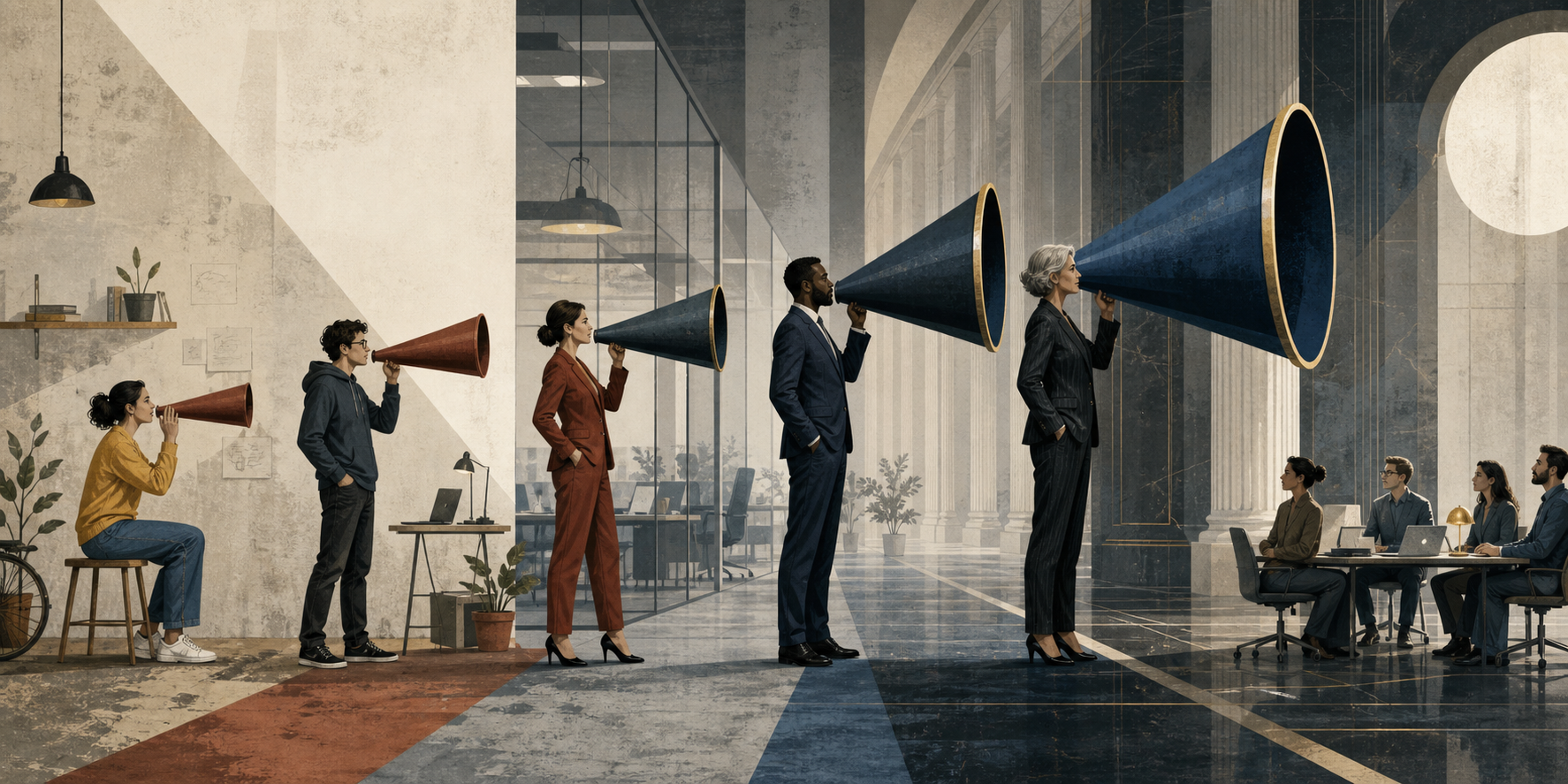 A customer's message passing through increasingly powerful organisational voices before reaching a product team
